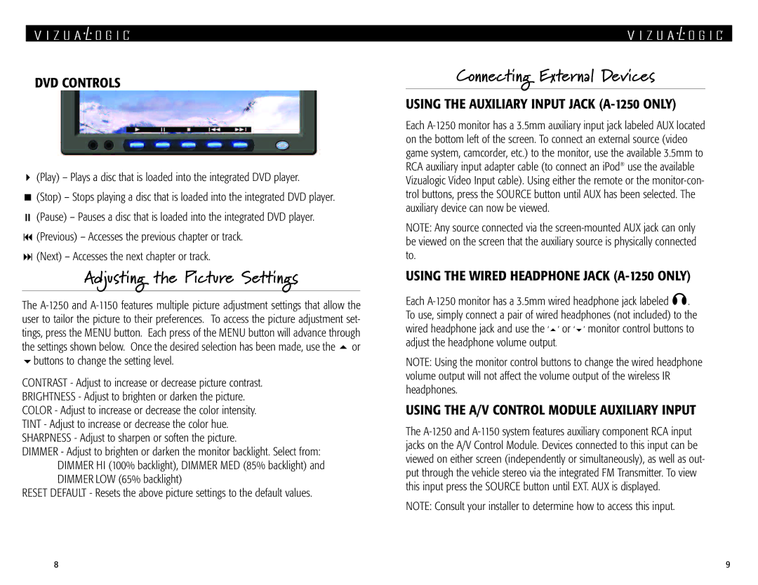 Vizualogic A 1250, A 1150 manual Adjusting the Picture Settings, Connecting External Devices 