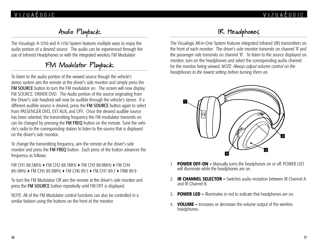 Vizualogic A 1250, A 1150 manual Audio Playback, FM Modulator Playback, IR Headphones 