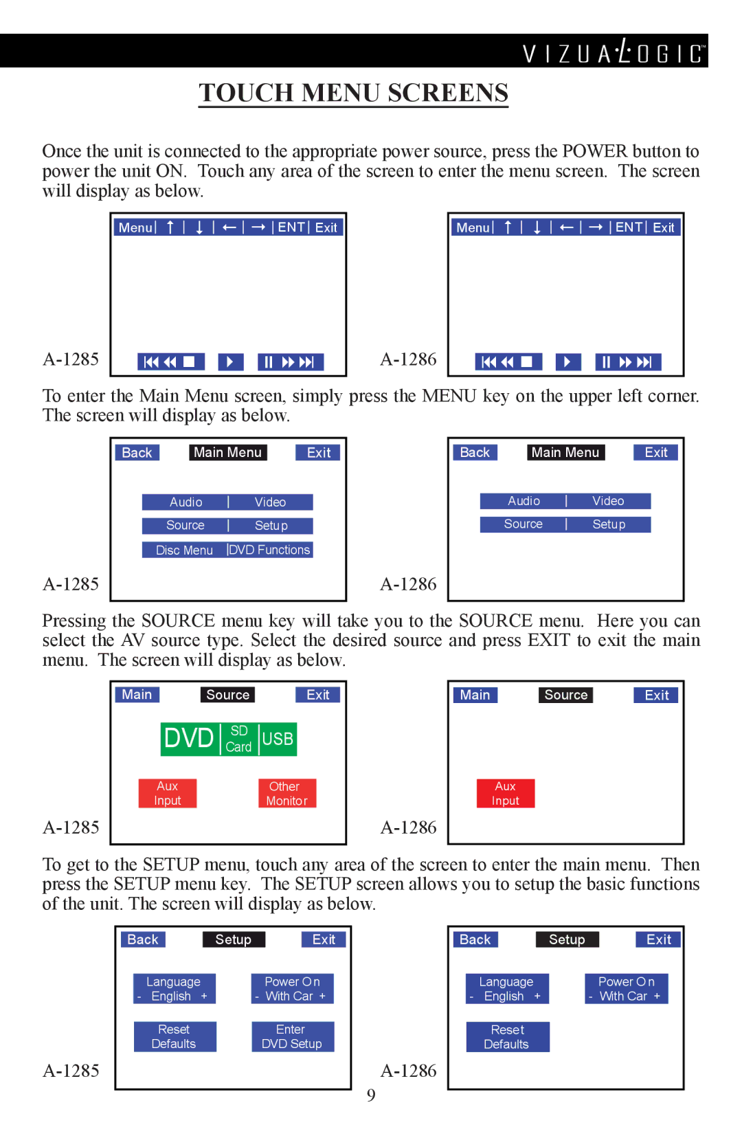 Vizualogic A-1285/6 manual Touch Menu Screens, DVDDcardSDcardSDuSb 