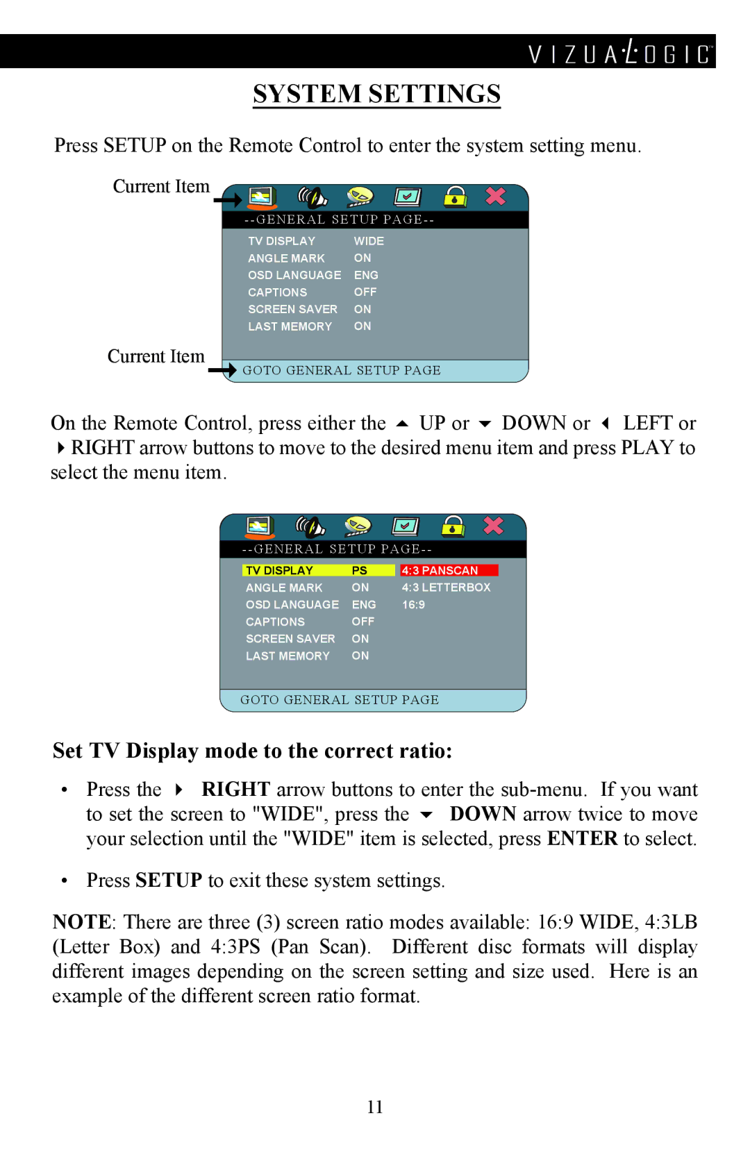 Vizualogic A-1285/6 manual System Settings, Set TV Display mode to the correct ratio 