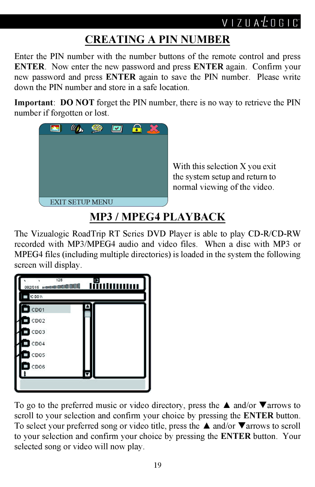 Vizualogic A-1285/6 manual Creating a PIN Number, MP3 / MPEG4 Playback 