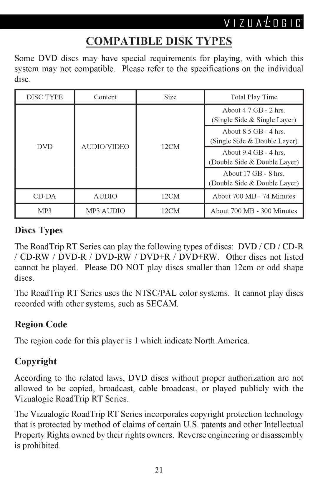 Vizualogic A-1285/6 manual Compatible disk types, Discs Types, Region Code, Copyright 