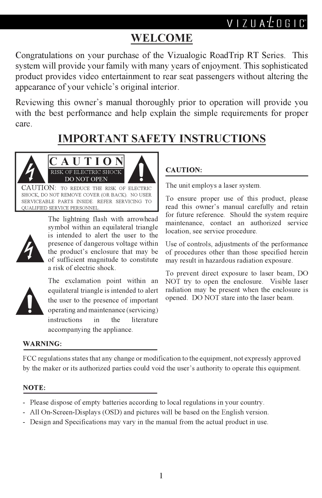 Vizualogic A-1285/6 manual Welcome, Important safety instructions 