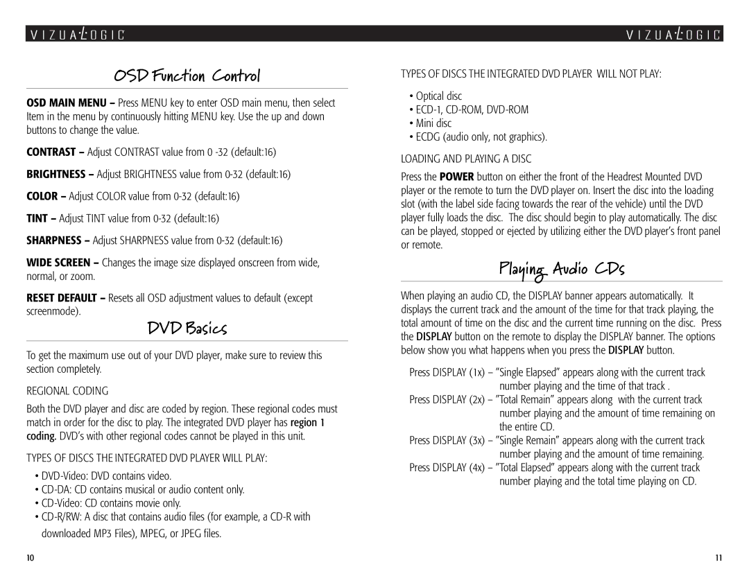 Vizualogic A-2000 owner manual OSD Function Control, DVD Basics 