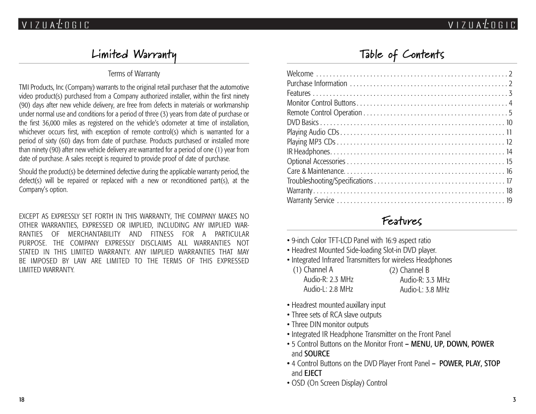 Vizualogic A-2000 owner manual Limited Warranty, Table of Contents, Features 