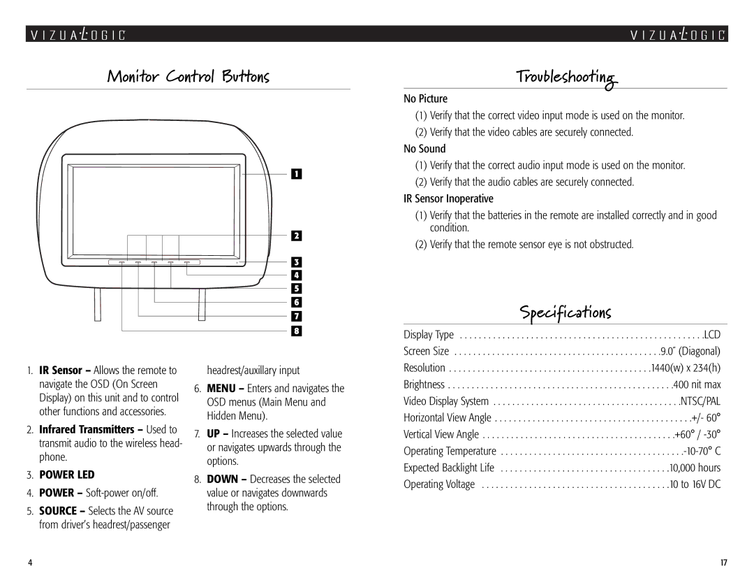 Vizualogic A-2000 Monitor Control Buttons Troubleshooting, Power LED, Power Soft-power on/off, Headrest/auxillary input 