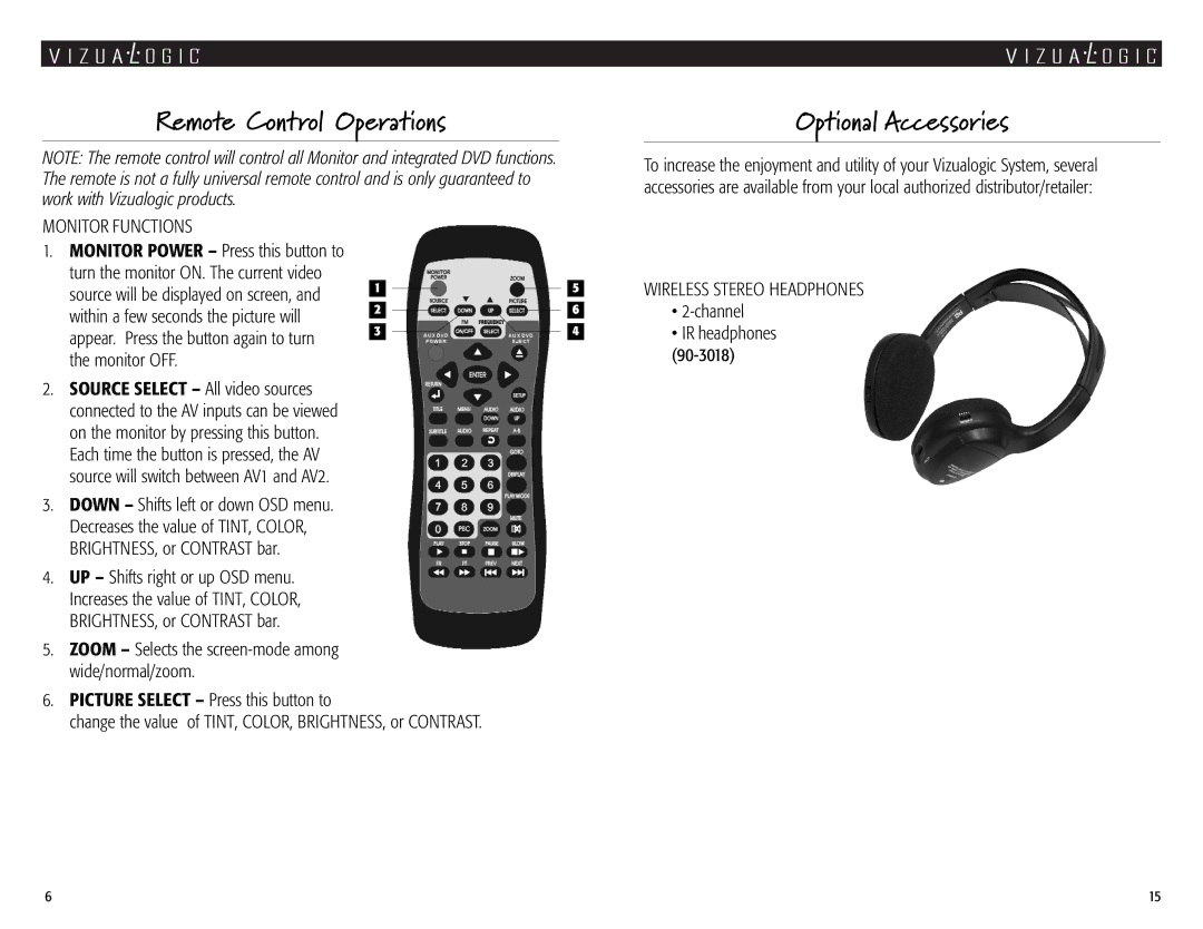 Vizualogic A-2000 Remote Control Operations, Optional Accessories, Monitor Functions, Wireless Stereo Headphones 