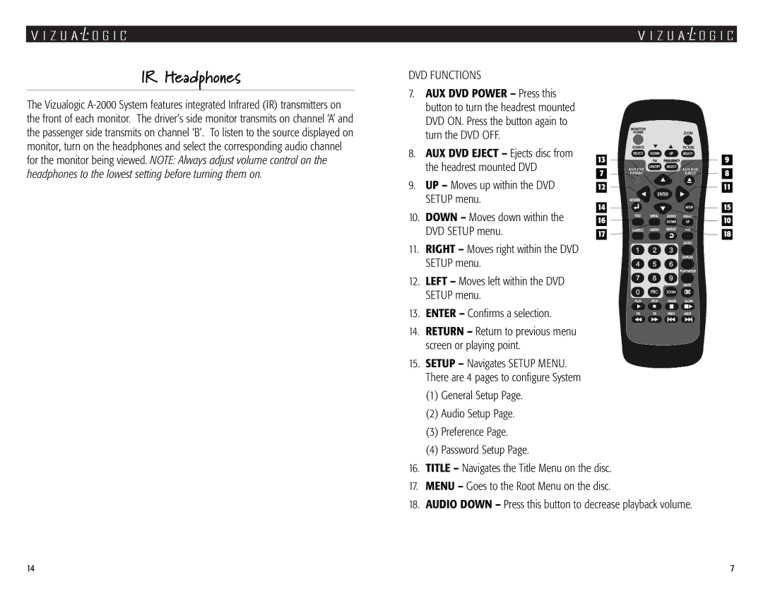 Vizualogic A-2000 owner manual IR Headphones, DVD Functions, UP Moves up within the DVD Setup menu 