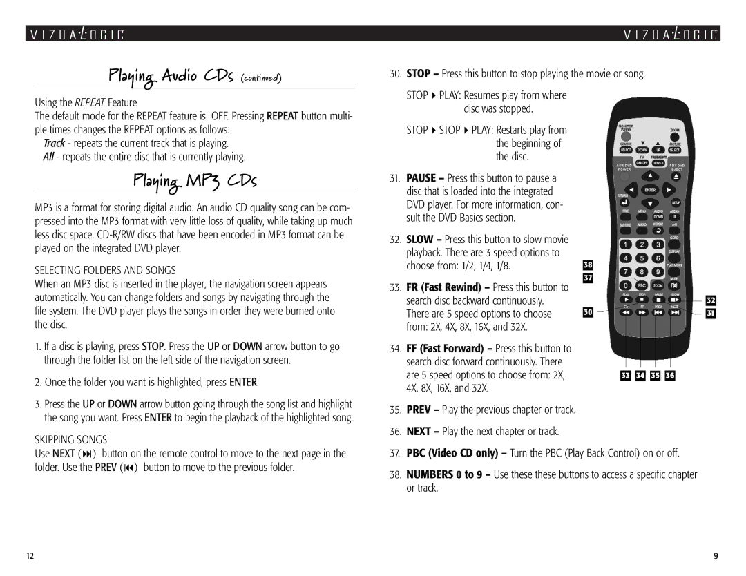 Vizualogic A-2000 owner manual Playing Audio CDs, Playing MP3 CDs, Selecting Folders and Songs, Skipping Songs Stop 