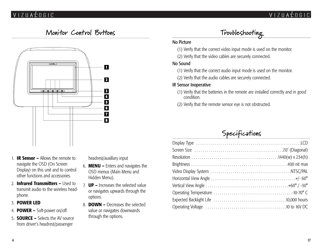 Vizualogic A1000 Monitor Control Buttons Troubleshooting, Power LED, Power Soft-power on/off, Headrest/auxillary input 