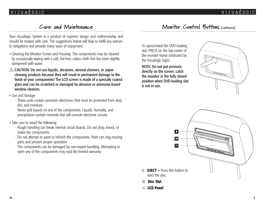 Vizualogic A1000 owner manual Care and Maintenance, Monitor Control Buttons 