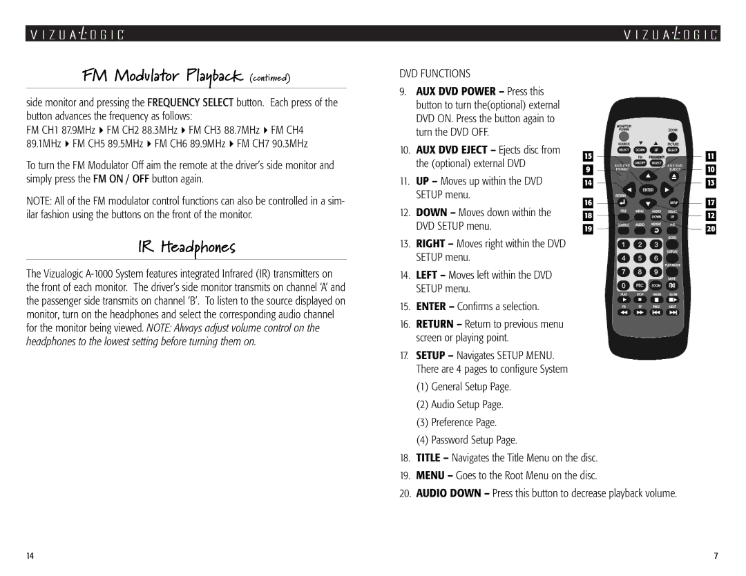 Vizualogic A1000 owner manual FM Modulator Playback, IR Headphones, DVD Functions 