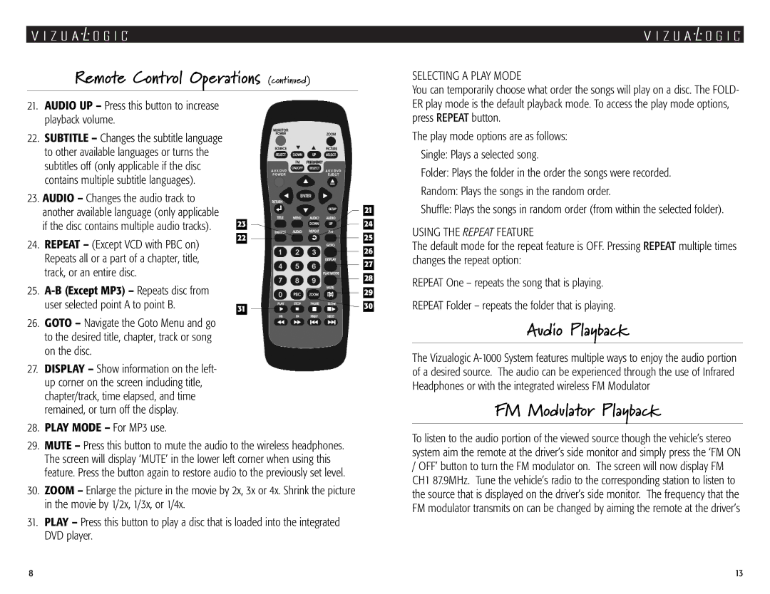 Vizualogic A1000 owner manual Audio Playback, Selecting a Play Mode, Using the Repeat Feature 