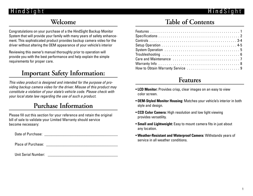 Vizualogic HindsightTM Welcome, Important Safety Information, Purchase Information, Table of Contents, Features 