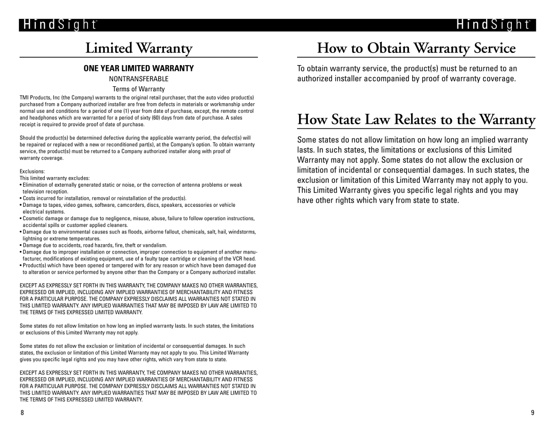 Vizualogic HindsightTM owner manual Limited Warranty, How to Obtain Warranty Service, How State Law Relates to the Warranty 