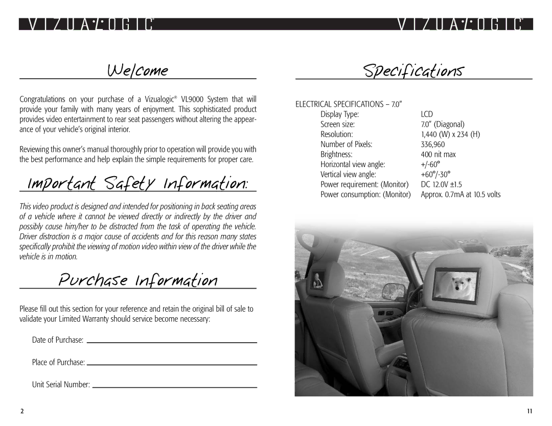 Vizualogic Model VL9000 owner manual Welcome, Important Safety Information, Purchase Information, Specifications, Lcd 