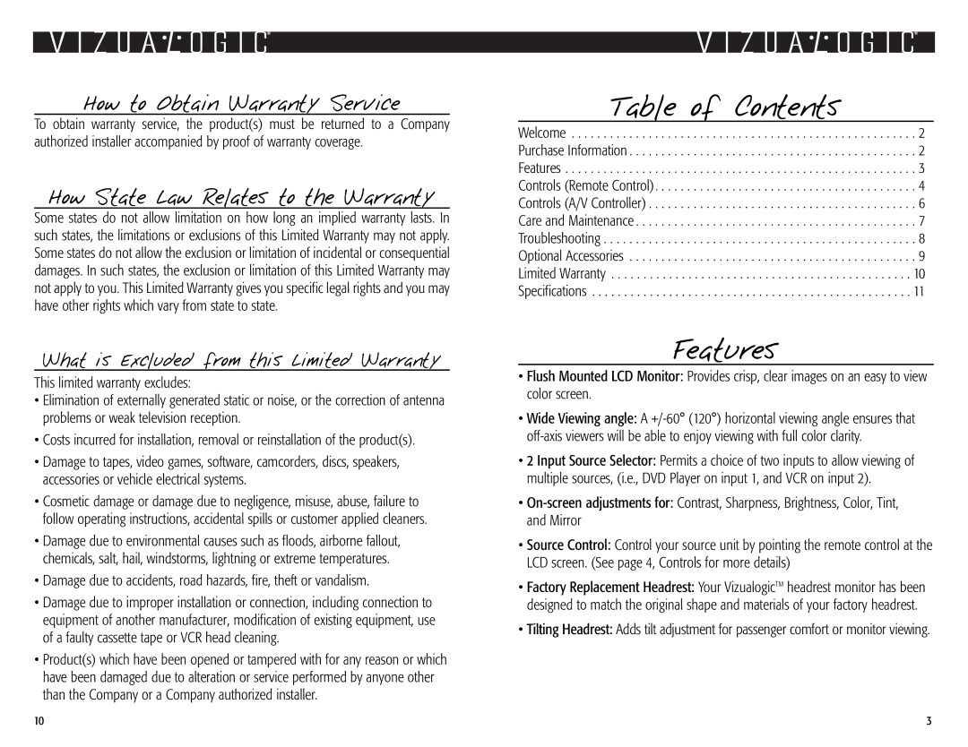 Vizualogic Model VL9000 owner manual Table of Contents, Features 