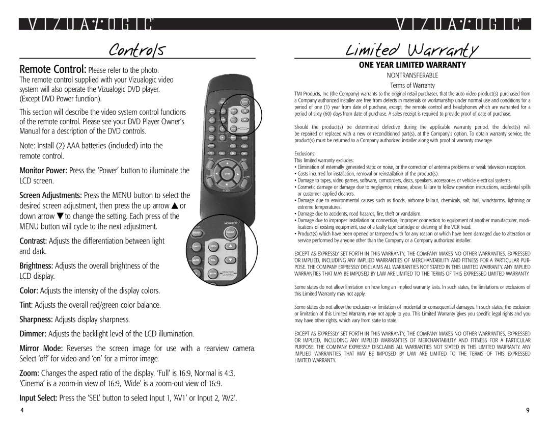 Vizualogic Model VL9000 owner manual Controls, ONE Year Limited Warranty 