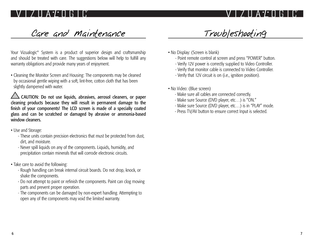 Vizualogic Model VL9000 owner manual Care and Maintenance, Troubleshooting 