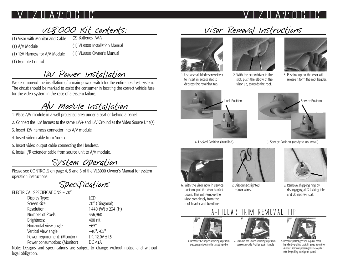 Vizualogic VL8000 Series VL8000 Kit contents, 12V Power Installation, Module Installation, System Operation Specifications 
