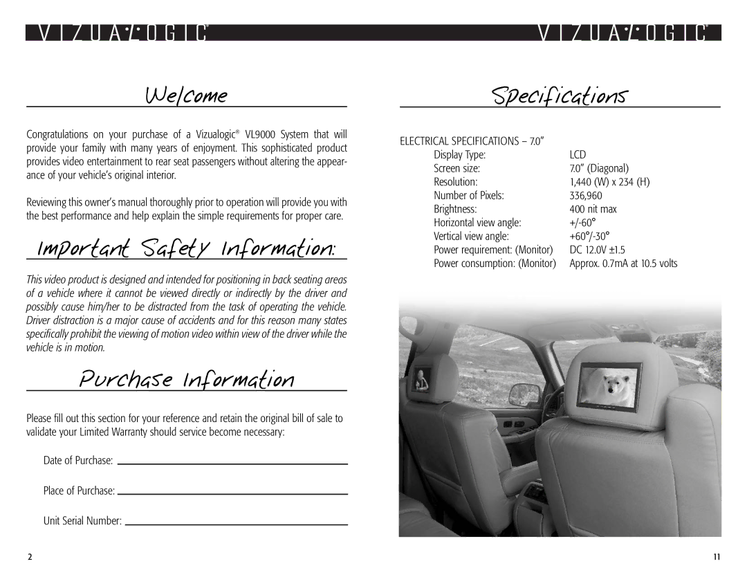 Vizualogic VL9000 owner manual Welcome, Important Safety Information, Purchase Information, Specifications, Lcd 