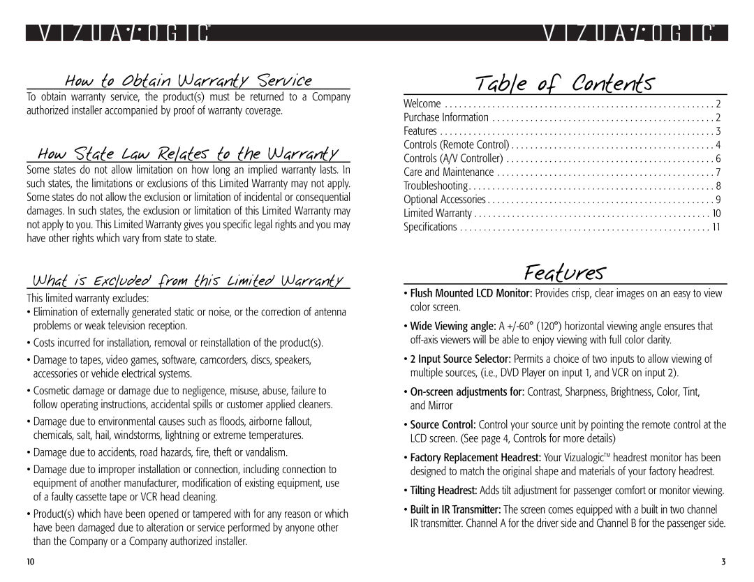 Vizualogic VL9000 owner manual Table of Contents, Features 