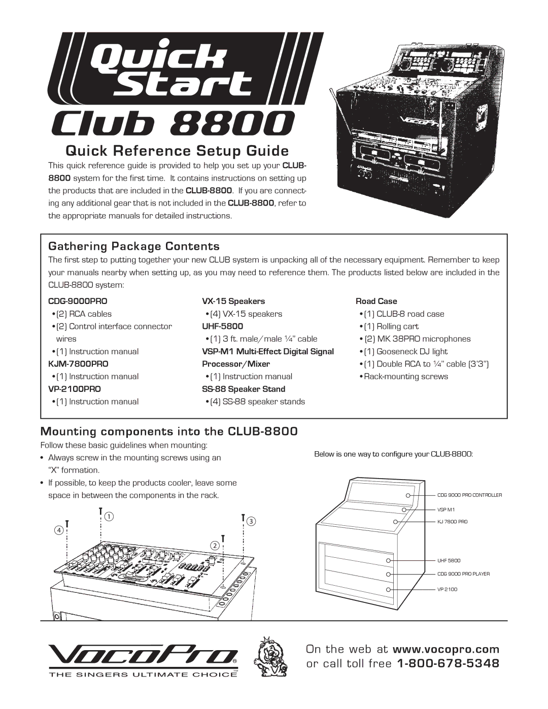 VocoPro setup guide Gathering Package Contents, Mounting components into the CLUB-8800 