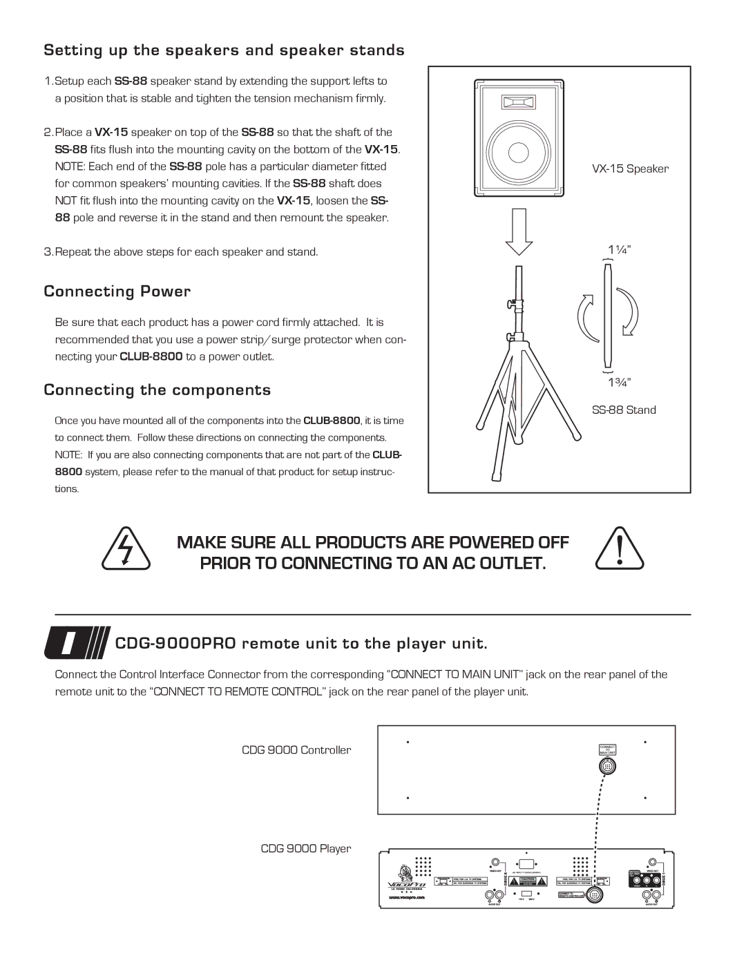 VocoPro 8800 setup guide Setting up the speakers and speaker stands, Connecting Power, Connecting the components 