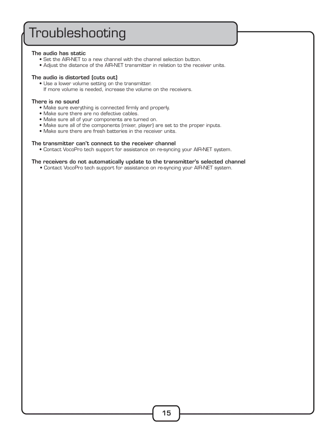 VocoPro AIR-NET manual 4ROUBLESHOOTING, …iÊÕ`ˆœÊ…ÃÊÃÌÌˆV, …iÊÕ`ˆœÊˆÃÊ`ˆÃÌœÀÌi`Ê­VÕÌÃÊœÕÌ, …iÀiÊˆÃÊ˜œÊÃœÕ˜` 