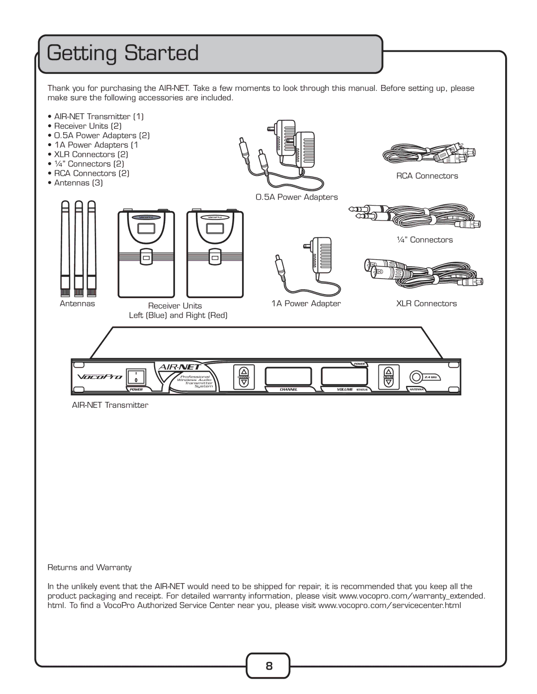 VocoPro AIR-NET manual ETTINGT3TARTED, 2ETURNSUANDN7ARRANTY 