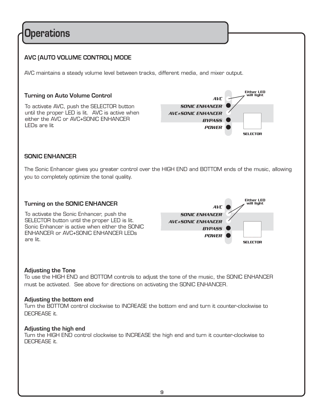 VocoPro AVC-800 owner manual Operations, AVC Auto Volume Control Mode, Sonic Enhancer 