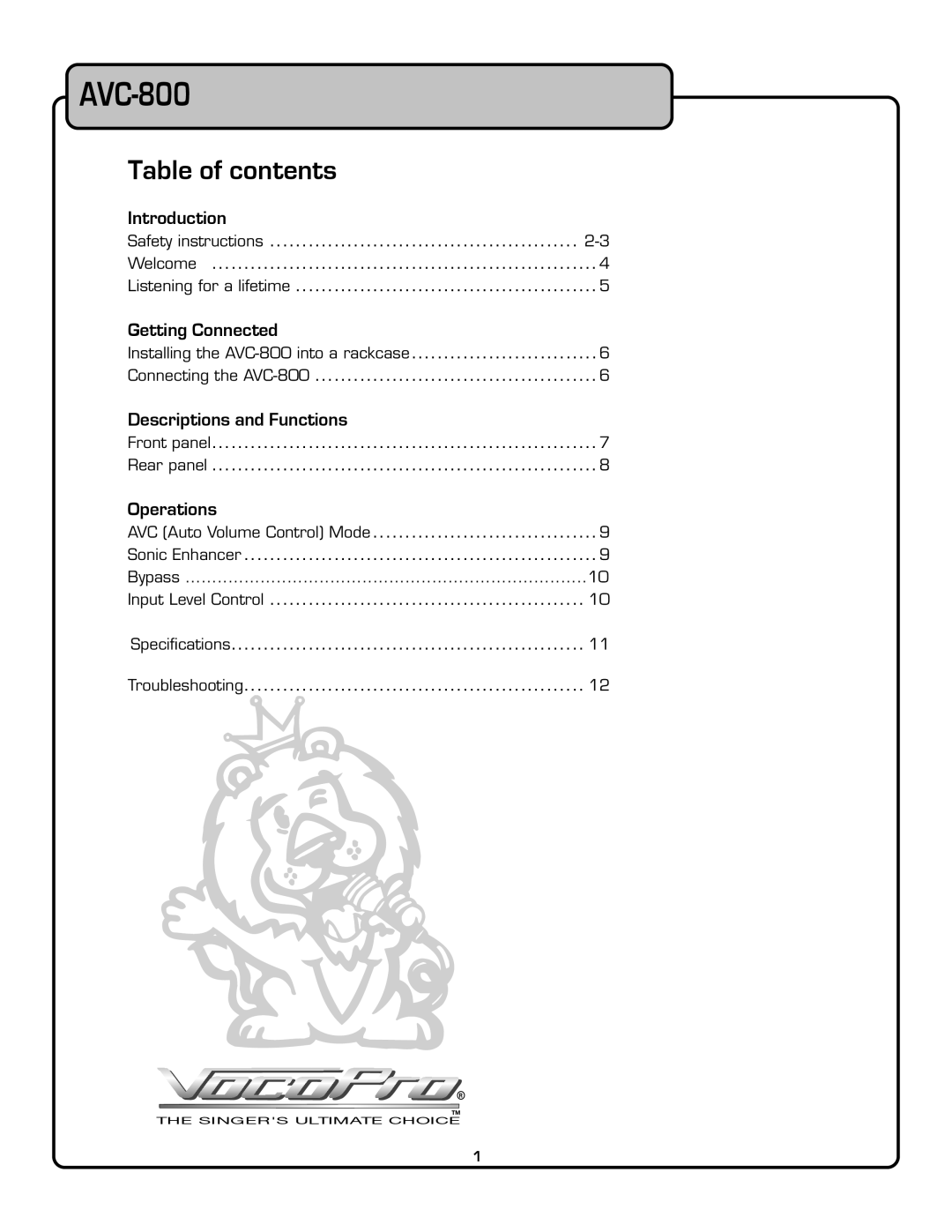 VocoPro AVC-800 owner manual Table of contents 