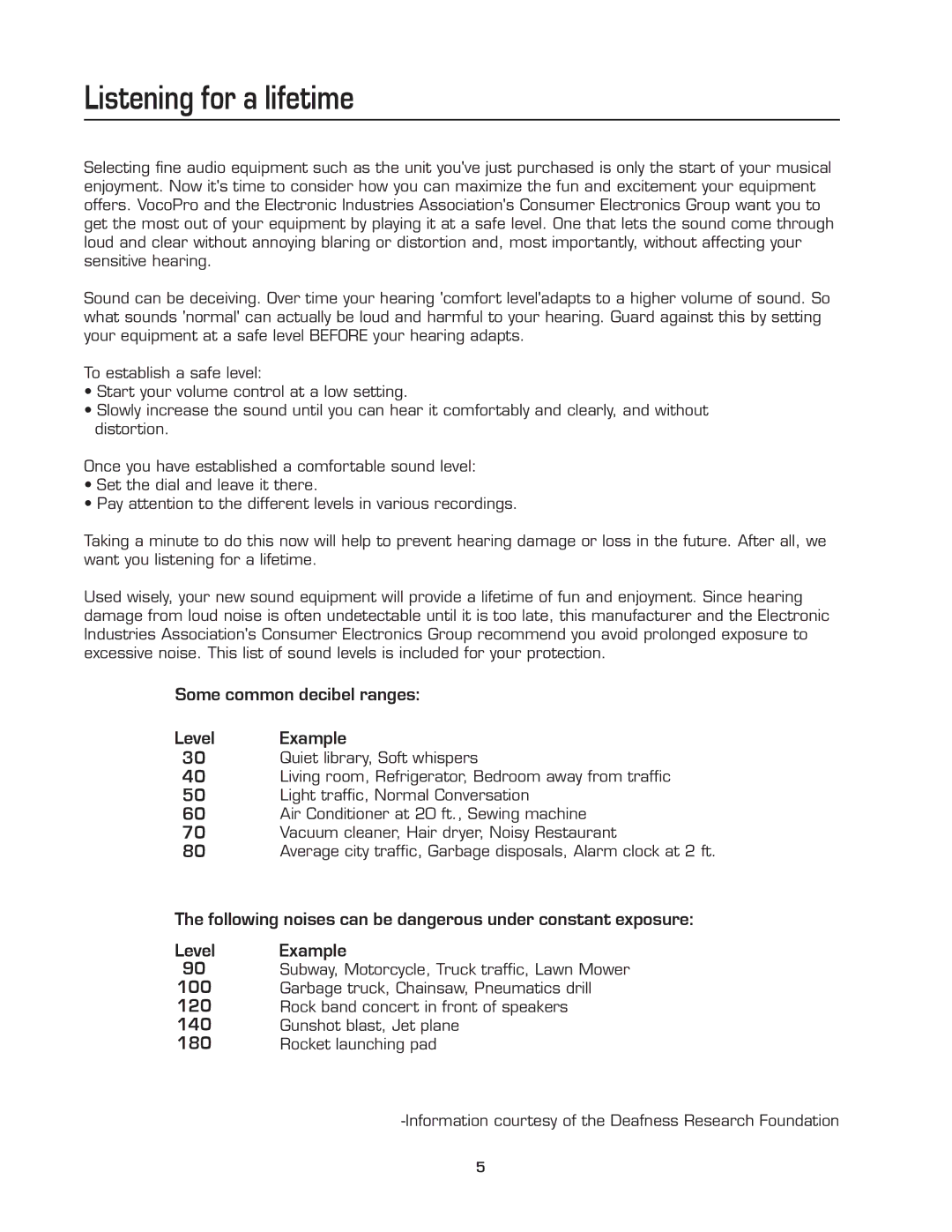 VocoPro AVC-800 owner manual Listening for a lifetime, Some common decibel ranges Level Example 