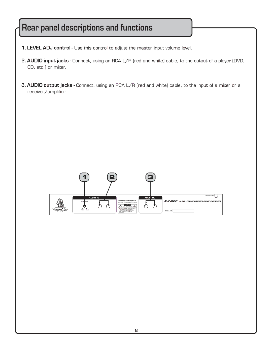 VocoPro owner manual Rear panel descriptions and functions, AVC-800AUTO Volume CONTROL/SONIC Enhancer 