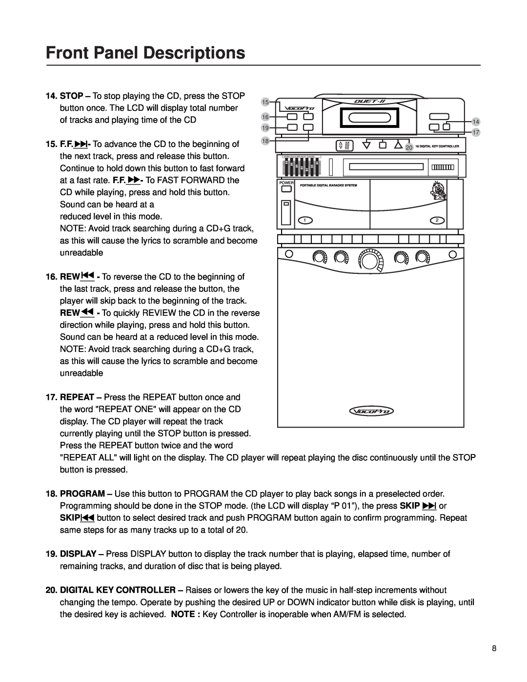 VocoPro Cassette Deck owner manual Front Panel Descriptions, reduced level in this mode 
