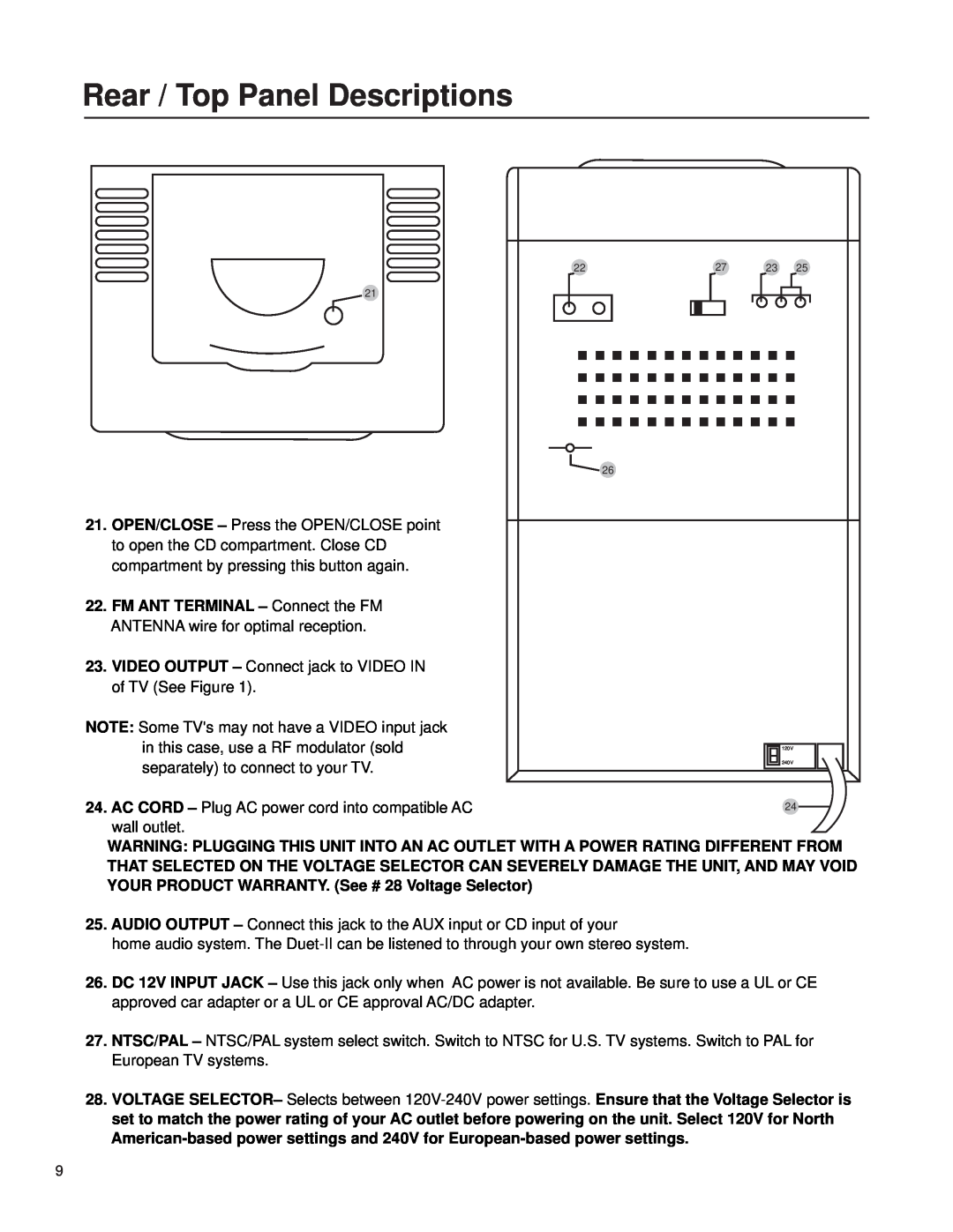 VocoPro Cassette Deck owner manual Rear / Top Panel Descriptions 