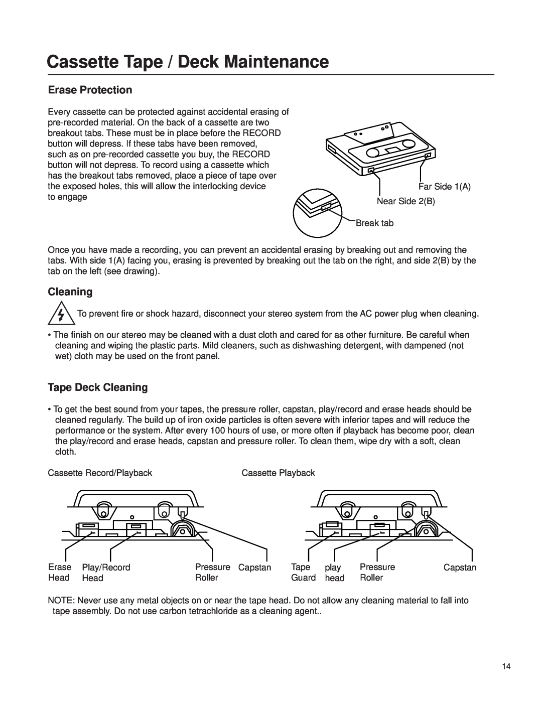 VocoPro Cassette Deck owner manual Cassette Tape / Deck Maintenance, Erase Protection, Tape Deck Cleaning 