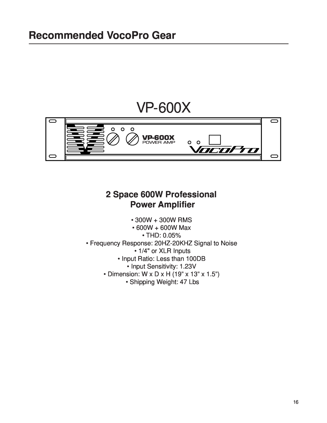 VocoPro Cassette Deck owner manual VP-600X, Recommended VocoPro Gear, Space 600W Professional Power Amplifier 