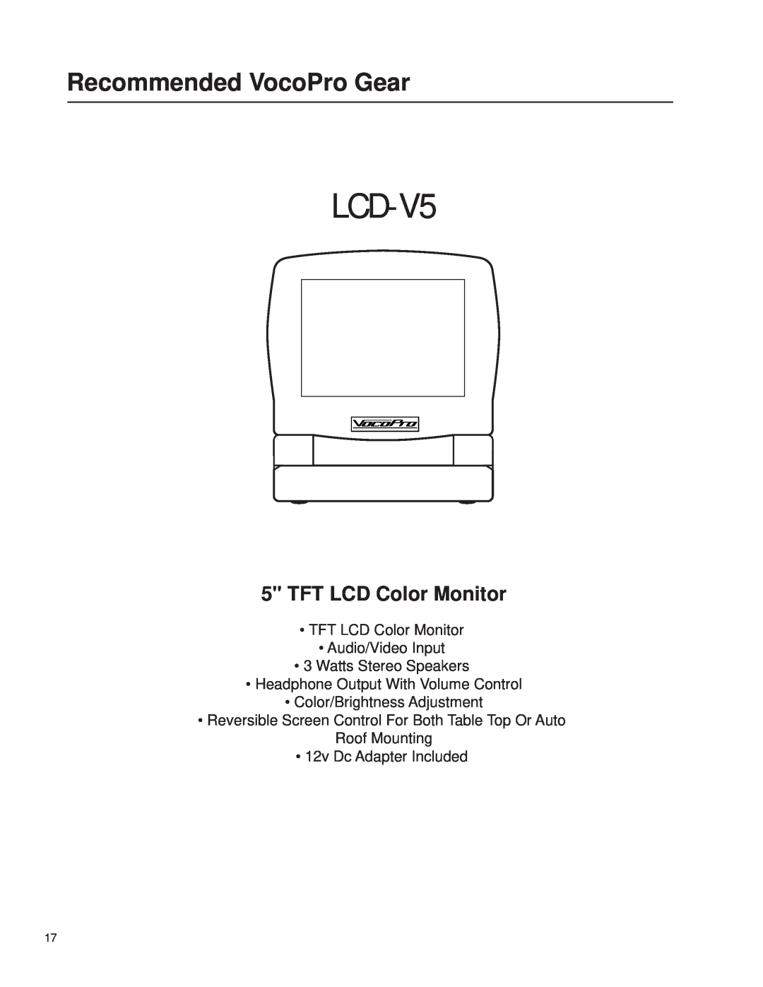 VocoPro Cassette Deck owner manual LCD-V5, TFT LCD Color Monitor, Recommended VocoPro Gear 