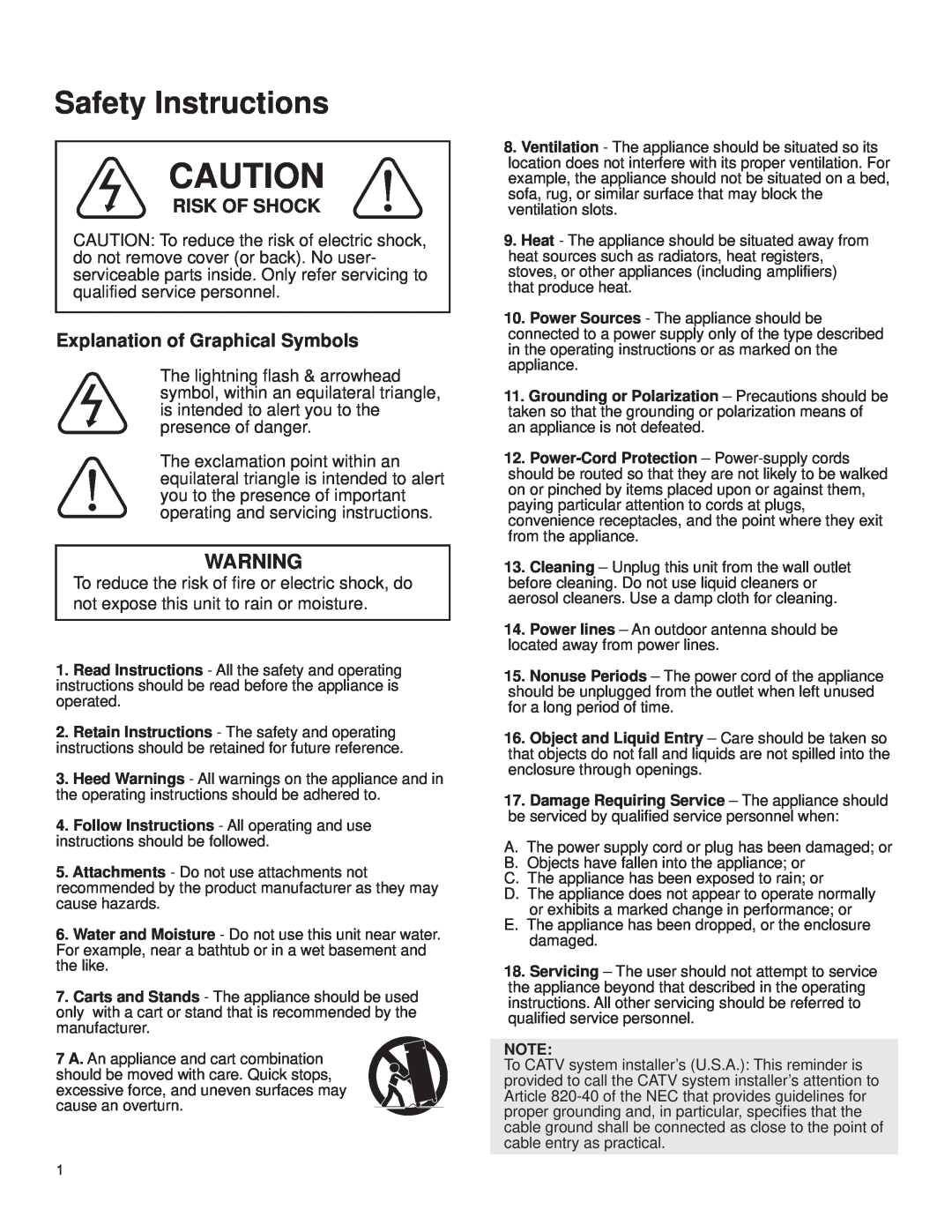 VocoPro Cassette Deck owner manual Safety Instructions, Risk Of Shock, Explanation of Graphical Symbols 