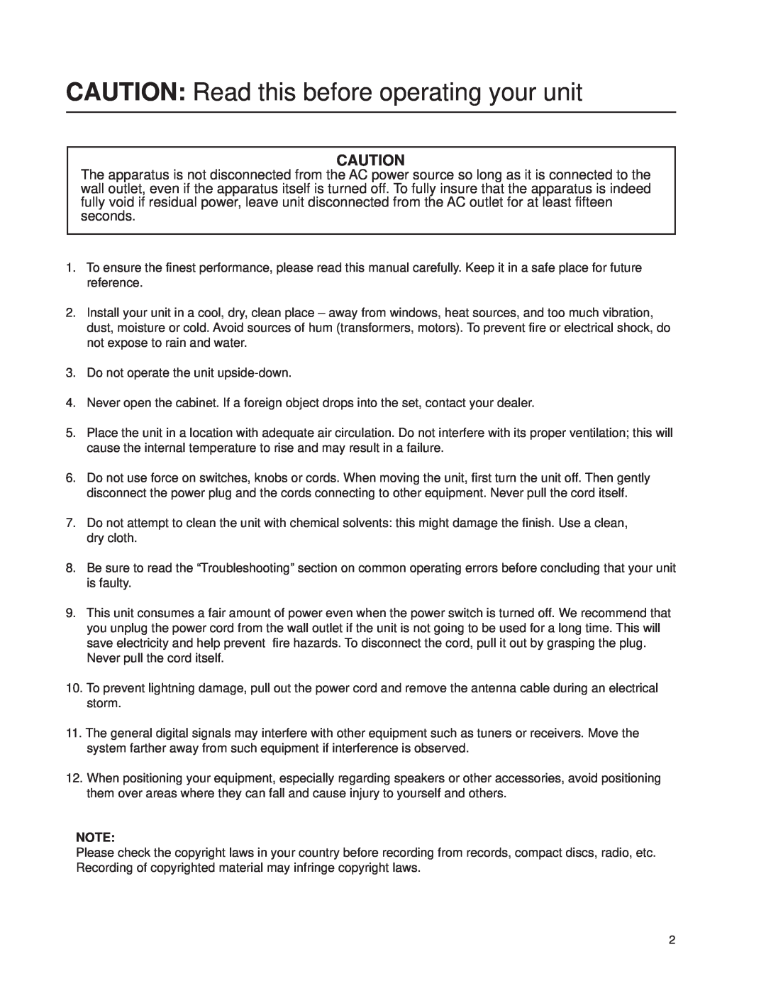 VocoPro Cassette Deck owner manual CAUTION Read this before operating your unit 