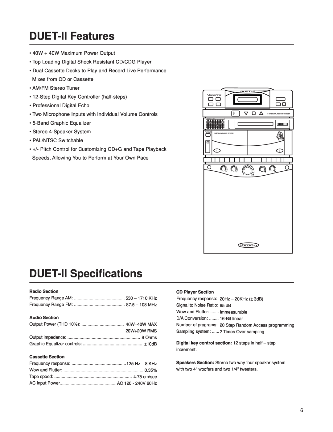 VocoPro Cassette Deck owner manual DUET-IIFeatures, DUET-IISpecifications 