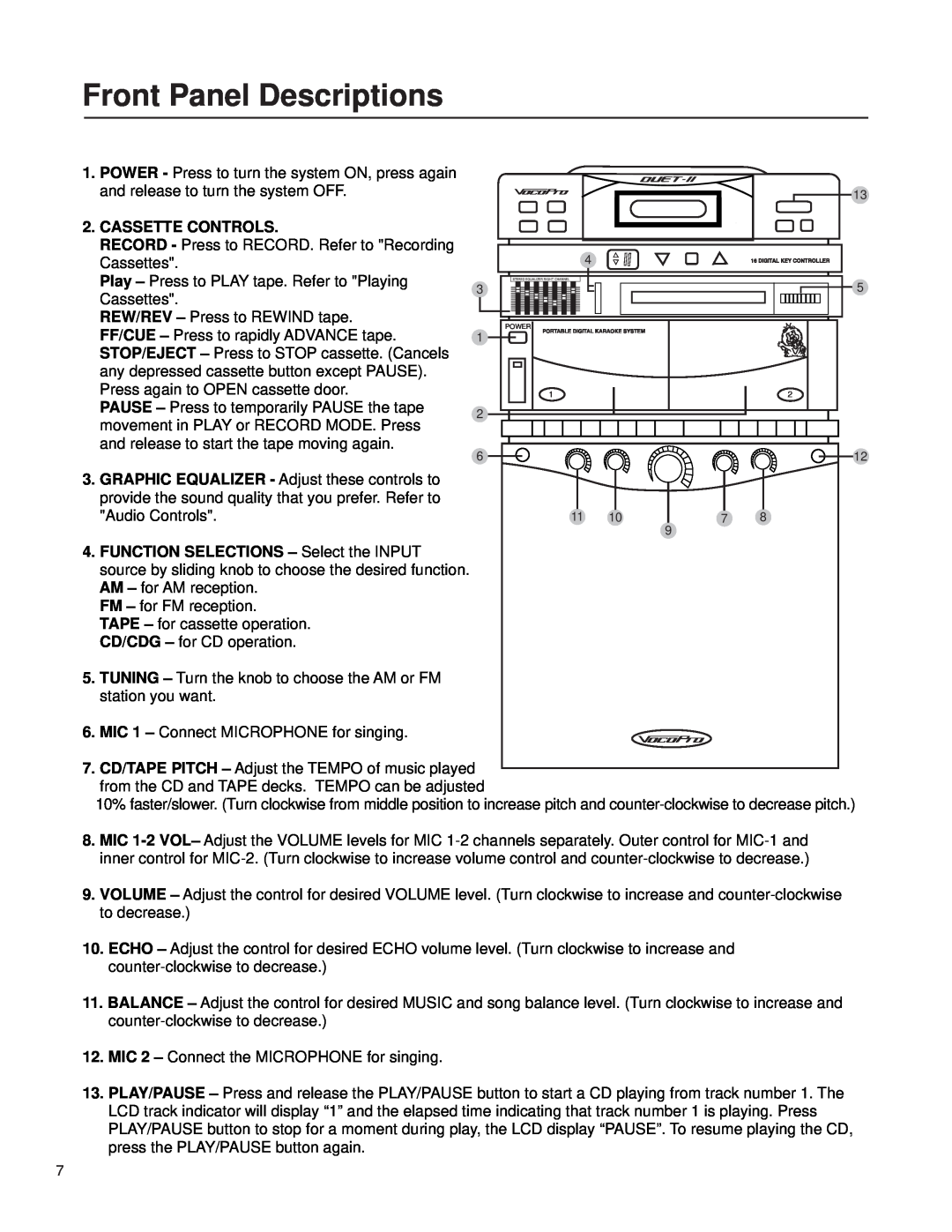 VocoPro Cassette Deck owner manual Front Panel Descriptions, Cassette Controls 