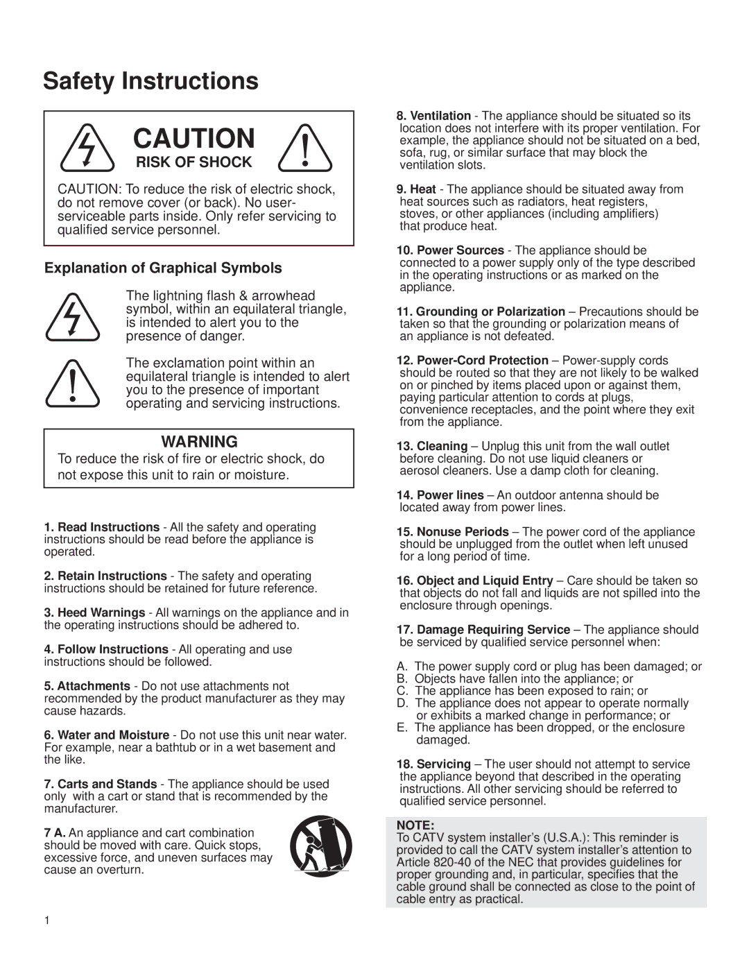 VocoPro Cassette Deck owner manual Safety Instructions, Explanation of Graphical Symbols 