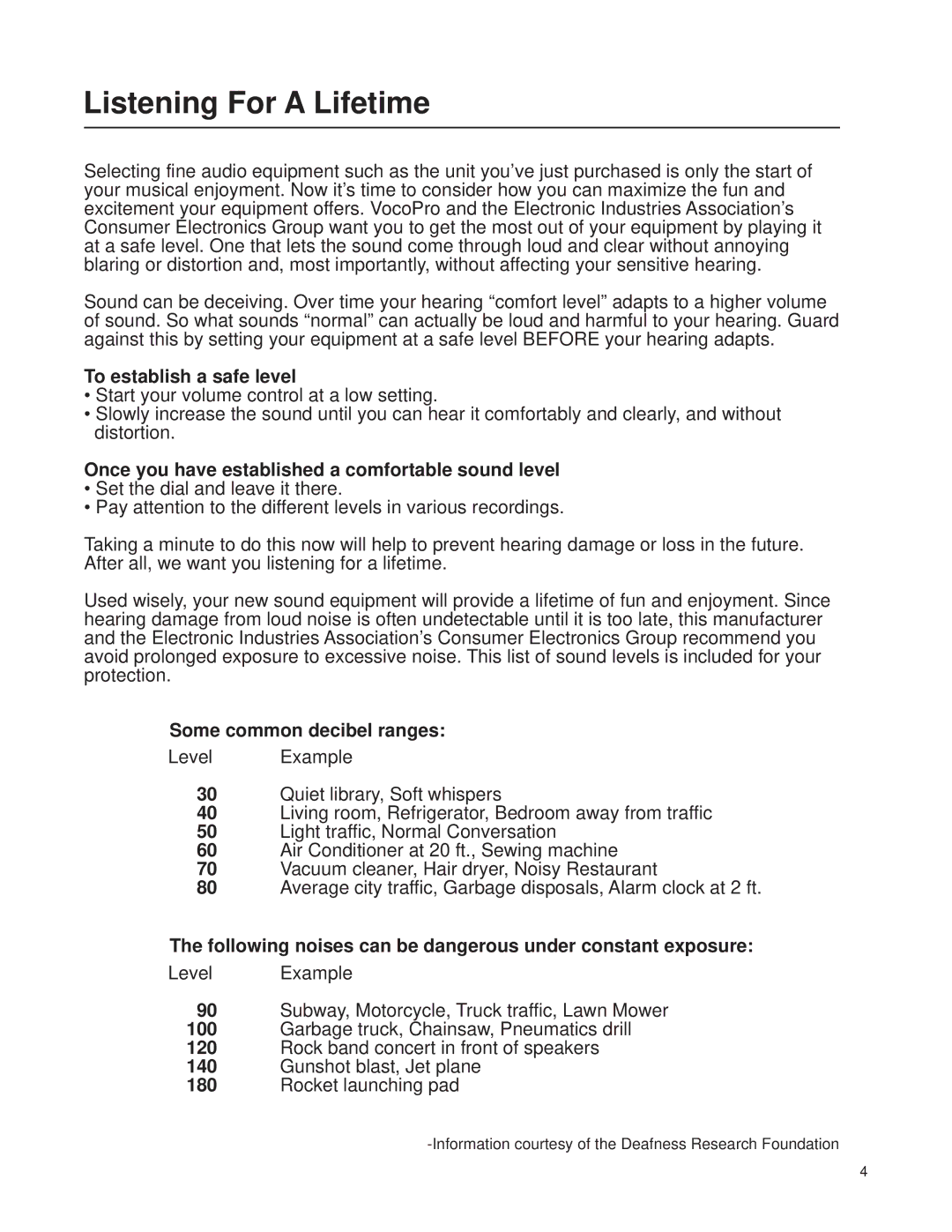 VocoPro Cassette Deck owner manual Listening For a Lifetime, To establish a safe level, Some common decibel ranges 