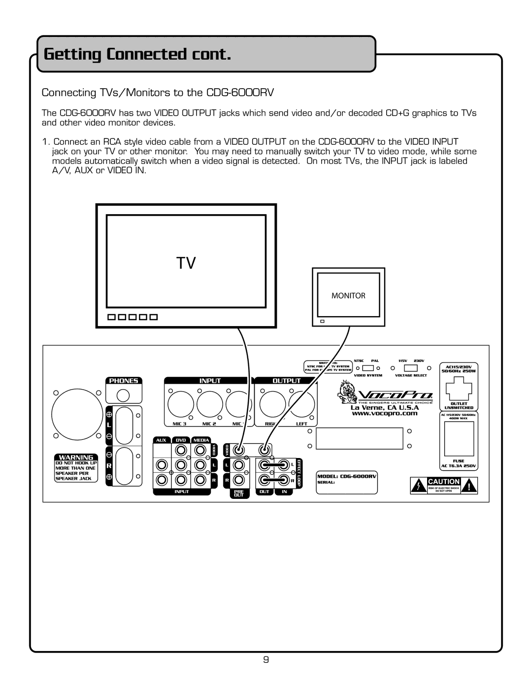 VocoPro CD-6000RV owner manual Connecting TVs/Monitors to the CDG-6000RV 