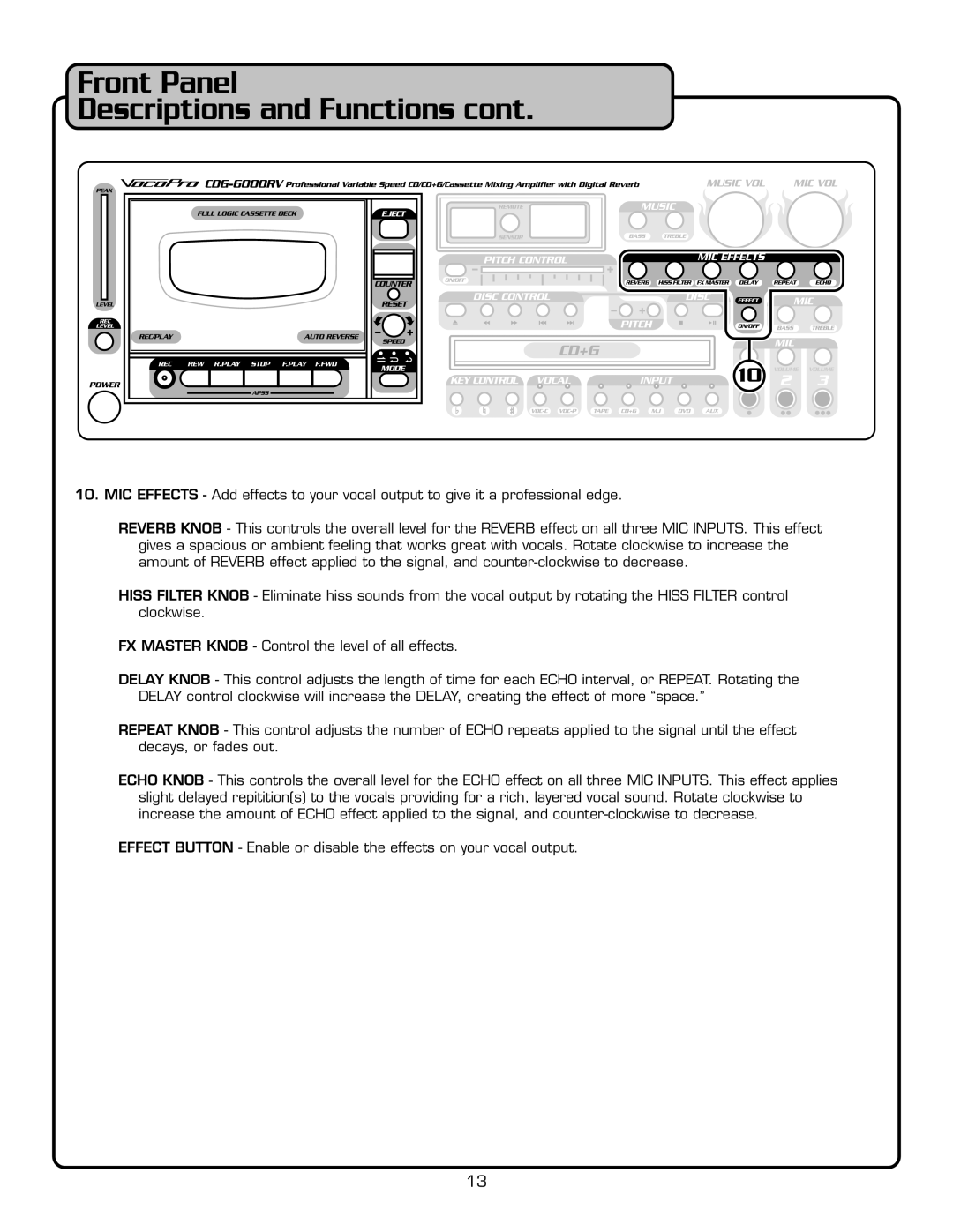 VocoPro CD-6000RV owner manual Front Panel Descriptions and Functions 