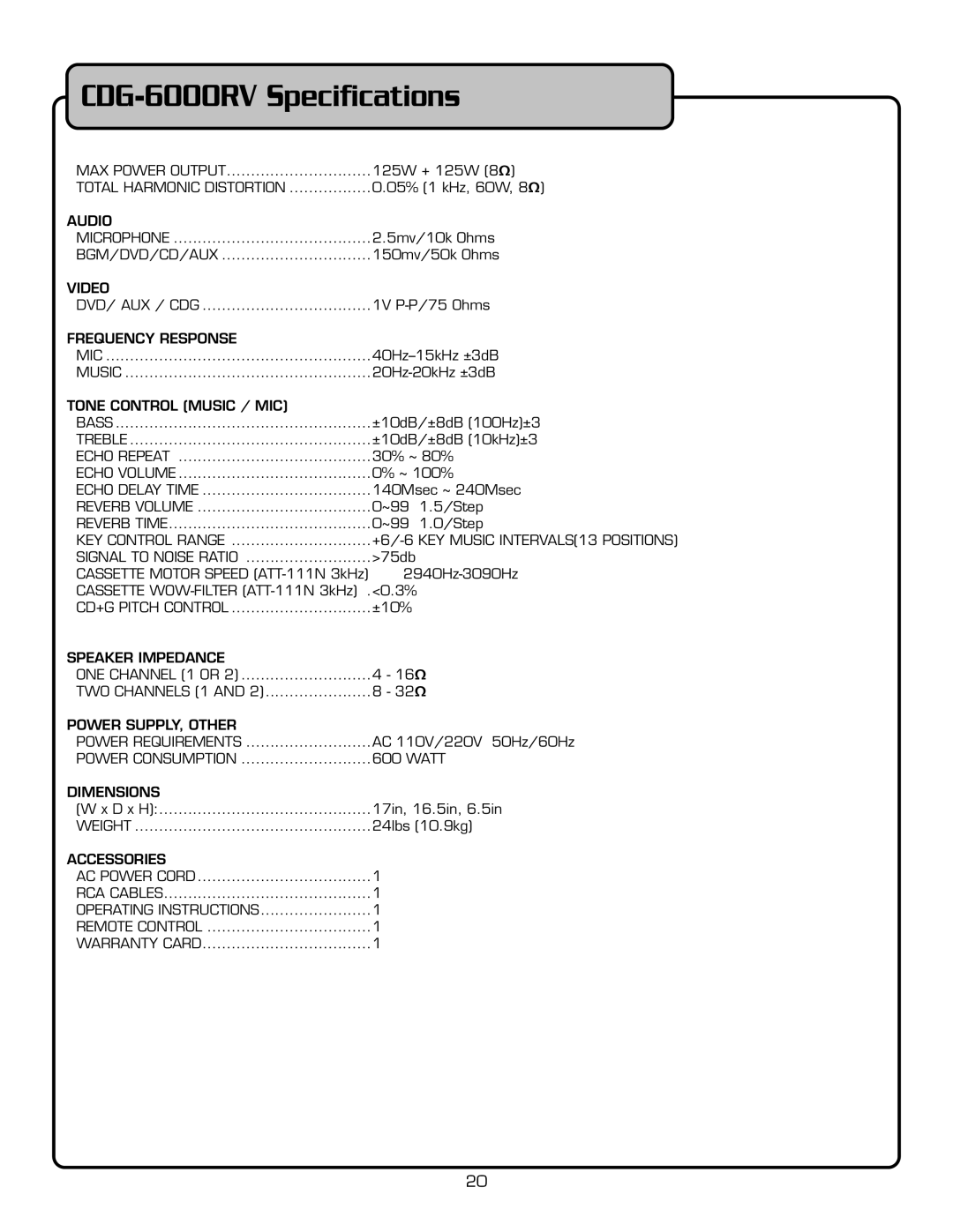 VocoPro CD-6000RV owner manual CDG-6000RV Speciﬁcations 