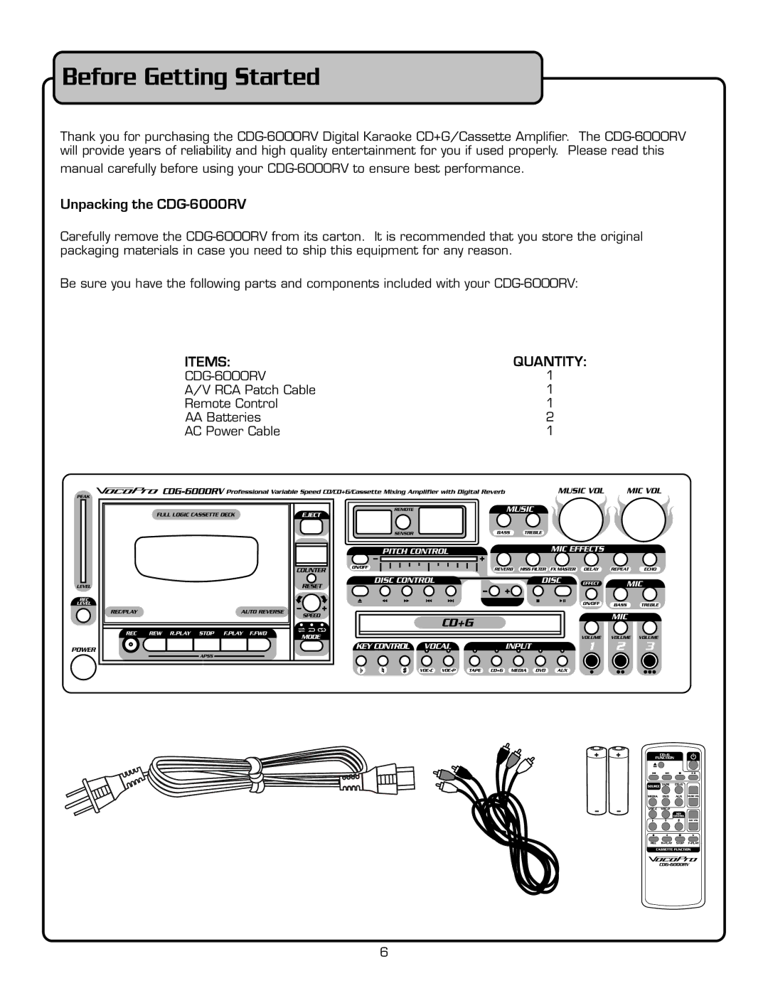 VocoPro CD-6000RV owner manual Before Getting Started, Unpacking the CDG-6000RV 