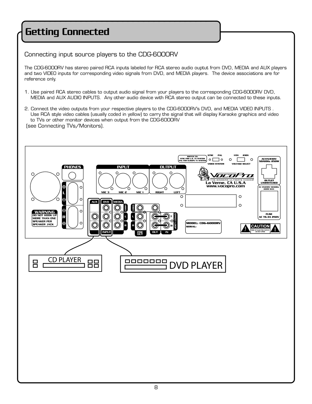 VocoPro CD-6000RV owner manual Getting Connected, Connecting input source players to the CDG-6000RV 